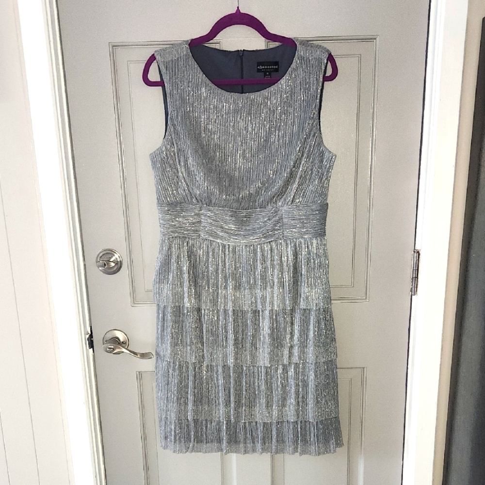 Connected Apparel Metallic Silver Layered Mini Dress Sz. 16